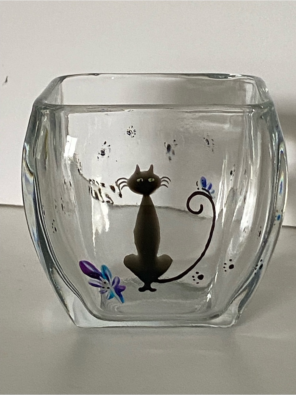 Black Cat Votive Candle Holder Small  Planter Lozier Glass Painted Signed Vase